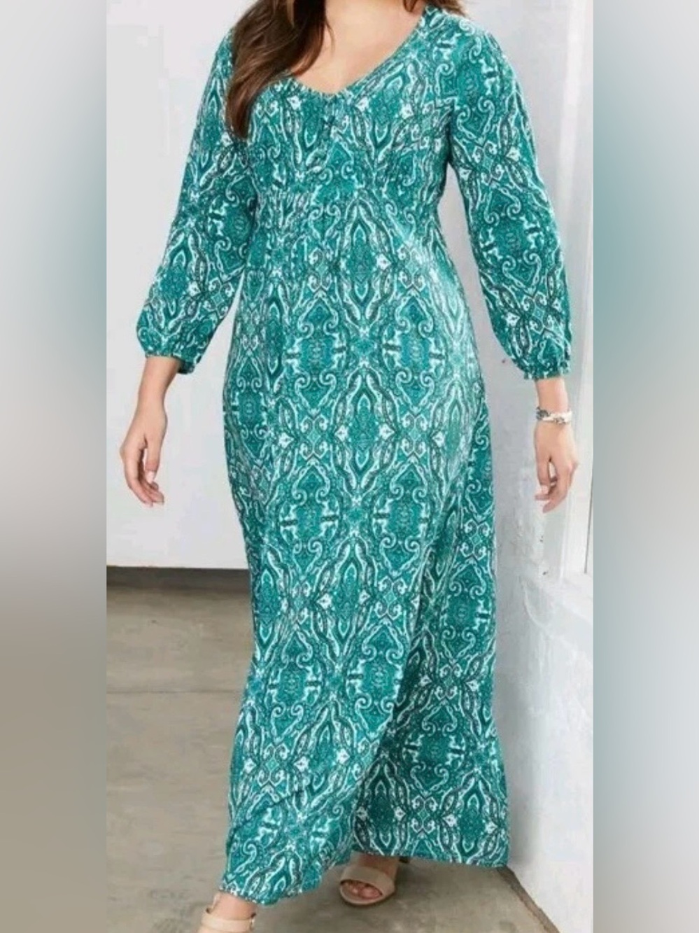 June +vie Green Paisley Long-Sleeve Women's Dress size 2x 26/28
